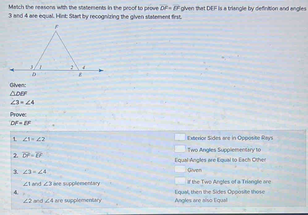 Solved: Match the reasons with the statements in the proof to prove ...