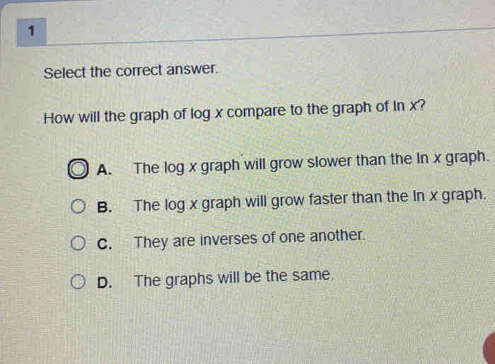 Select the correct answer.
How will the graph of log x compare to the graph of In x?
A. The log x graph will grow slower than the In x graph.
B. The log x graph will grow faster than the In x graph.
C. They are inverses of one another.
D. The graphs will be the same.