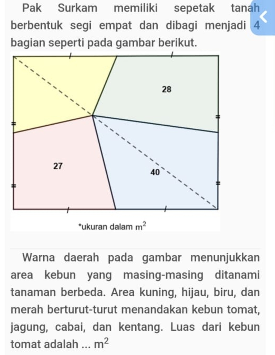 Pak Surkam memiliki sepetak tanah 
berbentuk segi empat dan dibagi menjadi 4
bagian seperti pada gambar berikut.
28
=
27
40
*ukuran dalam m^2
Warna daerah pada gambar menunjukkan 
area kebun yang masing-masing ditanami 
tanaman berbeda. Area kuning, hijau, biru, dan 
merah berturut-turut menandakan kebun tomat, 
jagung, cabai, dan kentang. Luas dari kebun 
tomat adalah ... m^2