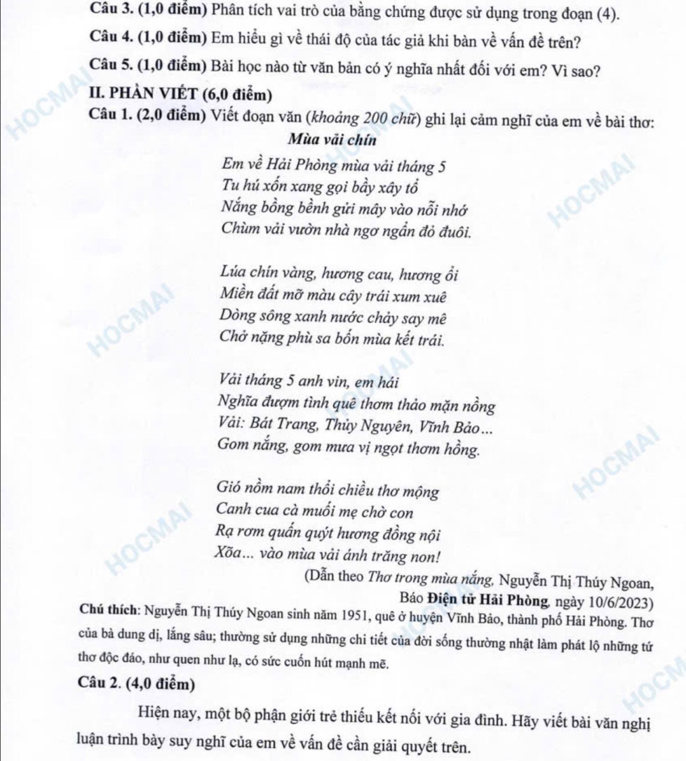 (1,0 điểm) Phân tích vai trò của bằng chứng được sử dụng trong đoạn (4).
Câu 4. (1,0 điểm) Em hiều gì về thái độ của tác giả khi bàn về vấn đề trên?
Câu 5. (1,0 điểm) Bài học nào từ văn bản có ý nghĩa nhất đối với em? Vì sao?
II. PHÀN VIÉT (6,0 điểm)
Câu 1. (2,0 điểm) Viết đoạn văn (khoảng 200 chữ) ghi lại cảm nghĩ của em về bài thơ:
Mùa vải chín
Em về Hải Phòng mùa vải tháng 5
Tu hú xốn xang gọi bầy xây tổ
Nắng bồng bềnh gửi mây vào nỗi nhớ
Chùm vải vườn nhà ngơ ngần đỏ đuôi.
Lúa chín vàng, hương cau, hương ổi
Miền đất mỡ màu cây trái xum xuê
Dòng sông xanh nước chảy say mê
Chở nặng phù sa bốn mùa kết trái.
Vài tháng 5 anh vin, em hái
Nghĩa đượm tình quê thơm thảo mặn nồng
Vải: Bát Trang, Thủy Nguyên, Vĩnh Bảo ...
Gom nắng, gom mưa vị ngọt thơm hồng.
Gió nồm nam thổi chiều thơ mộng
Canh cua cà muối mẹ chờ con
Rạ rơm quấn quýt hương đồng nội
Xõa... vào mùa vải ánh trăng non!
(Dẫn theo Thơ trong mùa nắng, Nguyễn Thị Thúy Ngoan,
Báo Điện tử Hải Phòng, ngày 10/6/2023)
Chú thích: Nguyễn Thị Thúy Ngoan sinh năm 1951, quê ở huyện Vĩnh Bảo, thành phố Hải Phòng. Thơ
của bà dung dị, lắng sâu; thường sử dụng những chi tiết của đời sống thường nhật làm phát lộ những tứ
thơ độc đáo, như quen như lạ, có sức cuốn hút mạnh mẽ.
Câu 2. (4,0 điểm)
Hiện nay, một bộ phận giới trẻ thiếu kết nối với gia đình. Hãy viết bài văn nghị
luận trình bày suy nghĩ của em về vấn đề cần giải quyết trên.