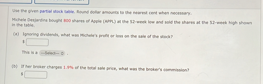 Use the given partial stock table. Round dollar amounts to the nearest cent when necessary. 
Michele Desjardins bought 800 shares of Apple (APPL) at the 52-week low and sold the shares at the 52-week high shown 
in the table. 
(a) Ignoring dividends, what was Michele's profit or loss on the sale of the stock?
$
This is a ===Select=== 
(b) If her broker charges 1.9% of the total sale price, what was the broker's commission?
$