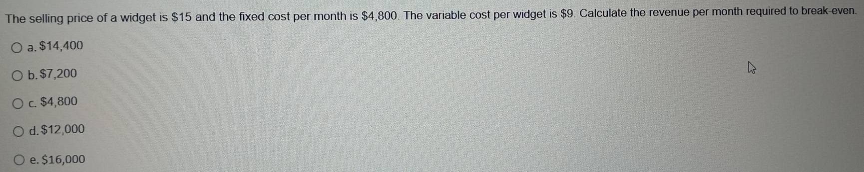 The selling price of a widget is $15 and the fixed cost per month is $4,800. The variable cost per widget is $9. Calculate the revenue per month required to break-even.
a. $14,400
b. $7,200
c. $4,800
d. $12,000
e. $16,000