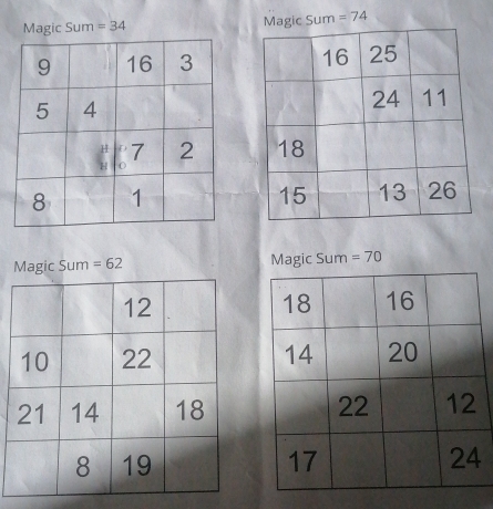 Solved: Magic Sum =34 Magic Sum =74 Magic Sum =62 Magic Sum =70 [Math]