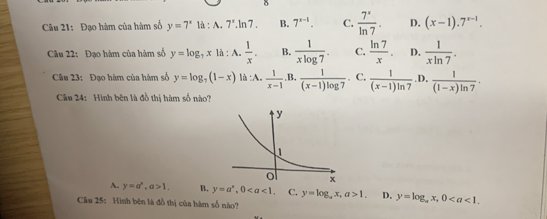 Đạo hàm của hàm số y=7^x là : A. 7^x.ln 7. B. 7^(x-1). C.  7^x/ln 7 . D. (x-1).7^(x-1). 
Câu 22: Đạo hàm của hàm số y=log _7x1 à : A. B.  1/xlog 7 . C.  ln 7/x . D.  1/xln 7 . 
Câu 23: Đạo hàm của hàm số y=log _7(1-x)la:A. 1/x-1  .B.  1/(x-1)log 7  a C.  1/(x-1)ln 7  .D.  1/(1-x)ln 7  · 
Câu 24: Hình bên là đồ thị hàm số nào?
A. y=a^x, a>1. B. y=a^x, 0. C. y=log _ax, a>1. D. y=log _ax, 0. 
Câu 25: Hình bên là đồ thị của hàm số nào?