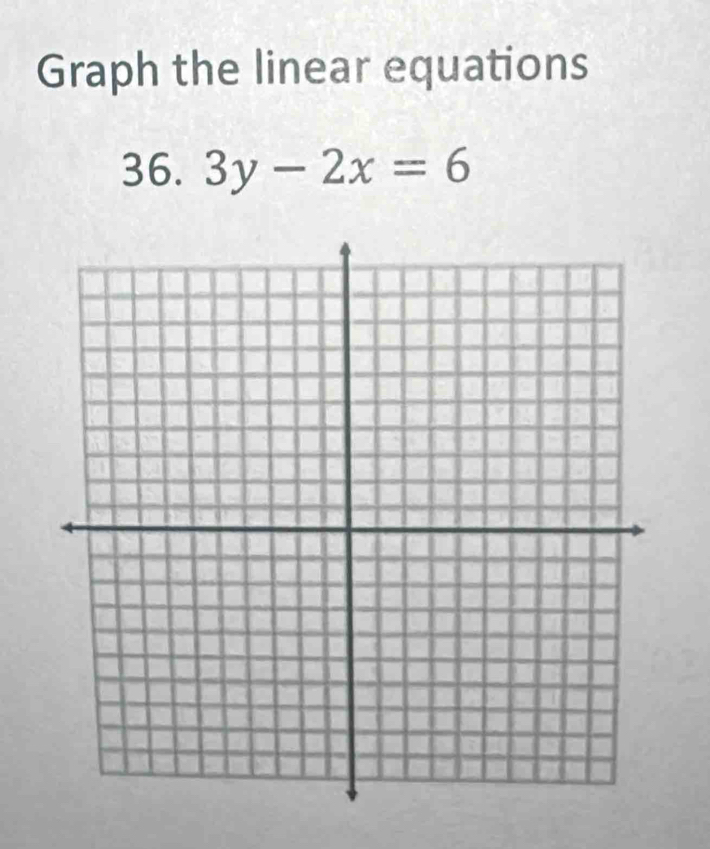 Graph the linear equations 
36. 3y-2x=6