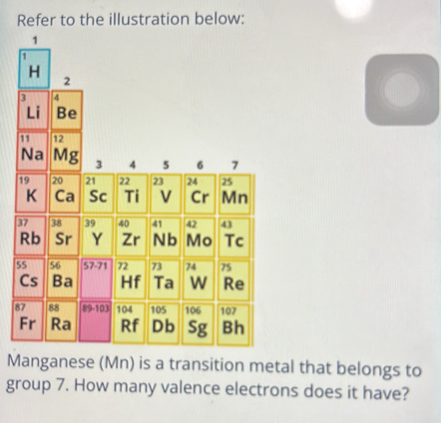 Refer to the illustration below:
5
8
Manganese (Mn) is a transition metal that belongs to 
group 7. How many valence electrons does it have?