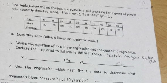 The table below shows the age and systolic blood pressure for ale 
who recently donated blood. 
a. linear or quadratic model? 
b. Write the equation of the linear regression and the quadratic regression. 
Include the r squared to determine the best choice， 
_
y=
y= _ 
c. Use the regression which best fits the data to determine what 
someone's blood pressure be at 20 years old?_