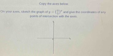 Copy the axes below. 
On your axes, sketch the graph of y=( 8/5 )^x and give the coordinates of any 
points of intersection with the axes.