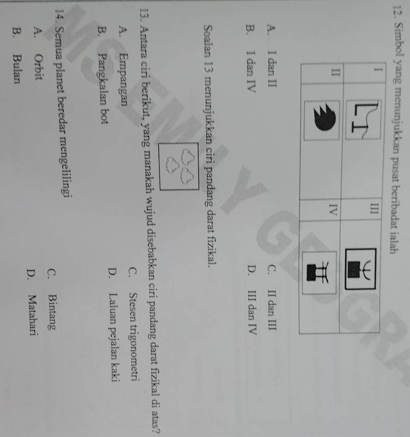 Simbol yang menunjukkan pusat beribadat ialah
A. I dan II C. II dan III
B. I dan IV D. III dan IV
Soalan 13 menunjukkan ciri pandang darat fizikal.
13. Antara ciri berikut, yang manakah wujud disebabkan ciri pandang darat fizikal di atas?
A. Empangan C. Stesen trigonometri
B. Pangkalan bot D. Laluan pejalan kaki
14. Semua planet beredar mengelilingi
C. Bintang
A. Orbit
D. Matahari
B. Bulan