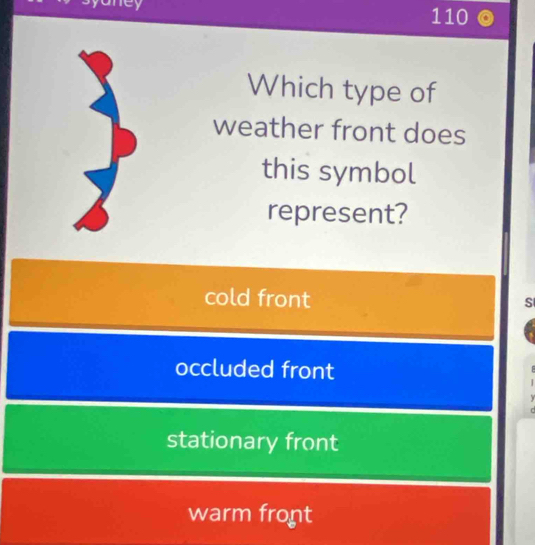 110
Which type of
weather front does
this symbol
represent?
cold front
S
occluded front

f
stationary front
warm front