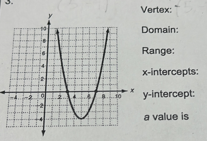 Vertex: 
omain: 
ange: 
intercepts: 
-intercept: 
value is