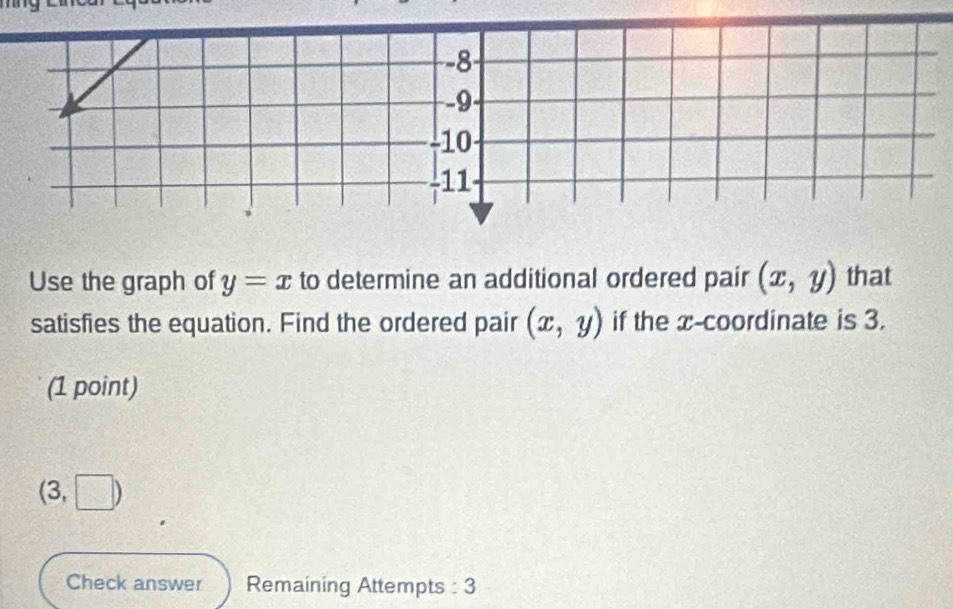 -8
-9
-10
-11
Use the graph of y=x to determine an additional ordered pair (x,y) that
satisfies the equation. Find the ordered pair (x,y) if the x-coordinate is 3.
(1 point)
(3,□ )
Check answer Remaining Attempts : 3