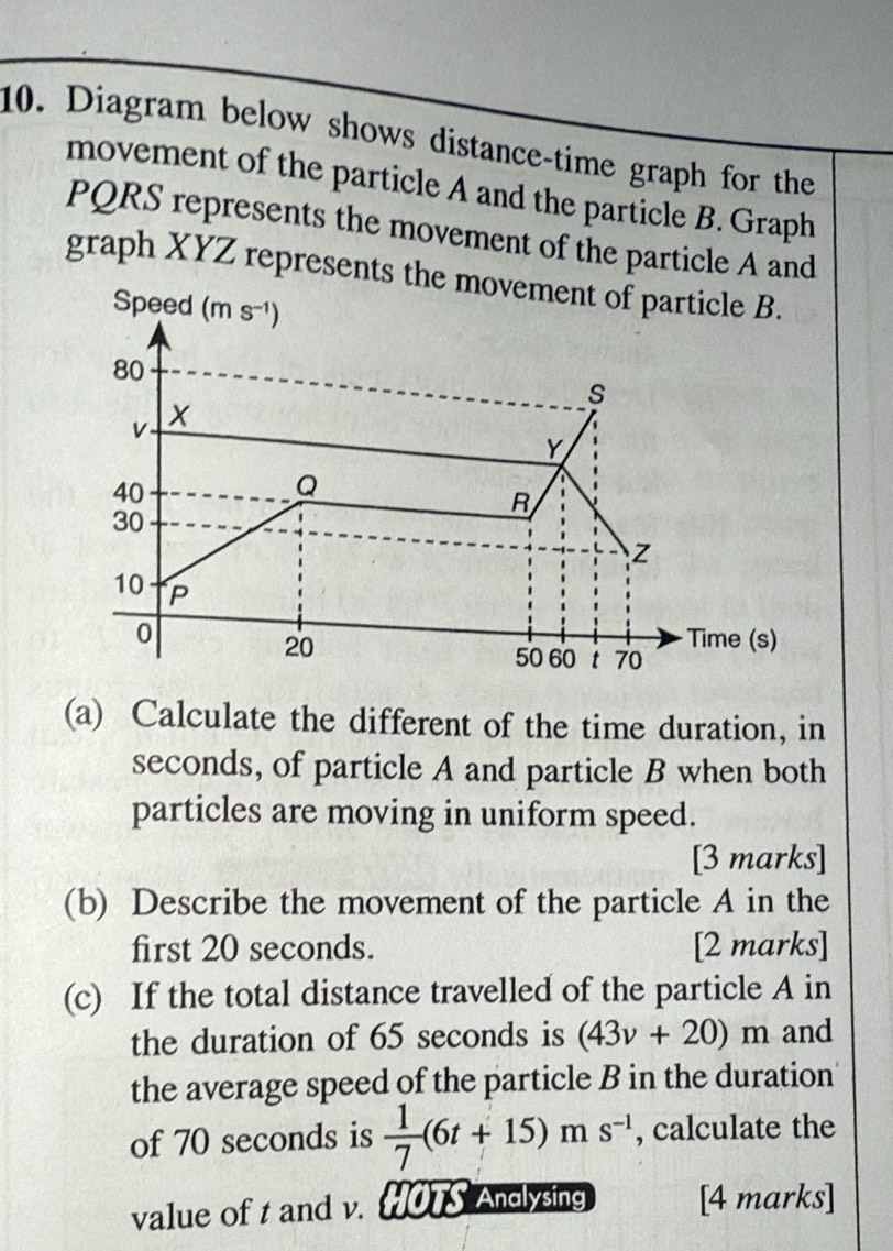 Diagram below shows distance-time graph for the 
movement of the particle A and the particle B. Graph
PQRS represents the movement of the particle A and 
graph XYZ represents the movement of particle B. 
Speed (ms^(-1))
80
s
V X
Y
40
Q
R
30
z
10 P
0
20 Time (s)
50 60 t 70
(a) Calculate the different of the time duration, in
seconds, of particle A and particle B when both 
particles are moving in uniform speed. 
[3 marks] 
(b) Describe the movement of the particle A in the 
first 20 seconds. [2 marks] 
(c) If the total distance travelled of the particle A in 
the duration of 65 seconds is (43v+20)m and 
the average speed of the particle B in the duration 
of 70 seconds is  1/7 (6t+15)ms^(-1) , calculate the 
value of t and v. HOTS Andlysing [4 marks]