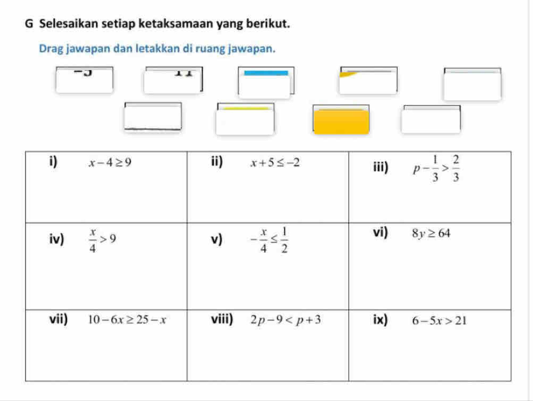 Selesaikan setiap ketaksamaan yang berikut.
Drag jawapan dan letakkan di ruang jawapan.
-J
11