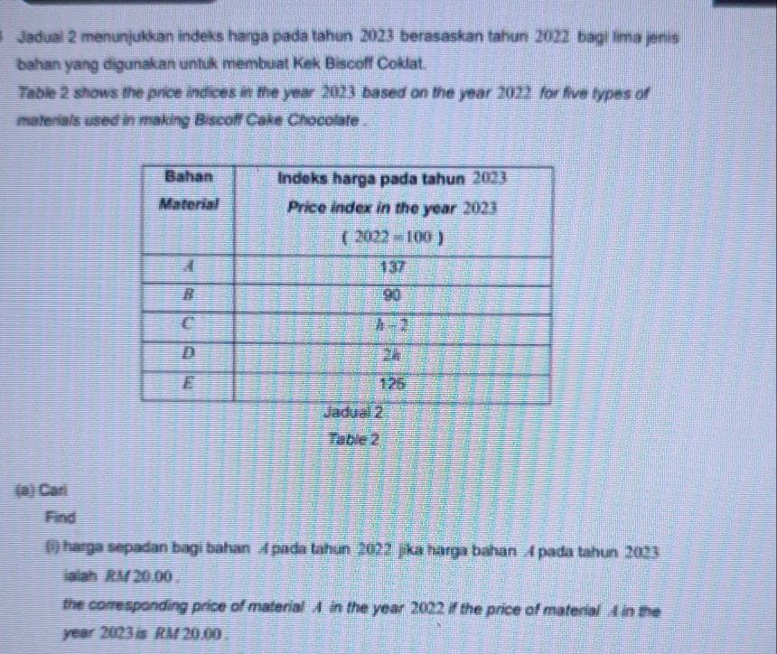 Jadual 2 menunjukkan indeks harga pada tahun 2023 berasaskan tahun 2022 bagi lima jenis
bahan yang digunakan untuk membuat Kek Biscoff Coklat.
Table 2 shows the price indices in the year 2023 based on the year 2022 for five types of
materials used in making Biscoff Cake Chocolate .
Table 2
(a) Cari
Find
(i) harga sepadan bagi bahan A pada tahun 2022 jika harga bahan A pada tahun 2023
ialah RM 20.00 .
the corresponding price of material A in the year 2022 if the price of material 4 in the
year 2023 is RM 20.00 .