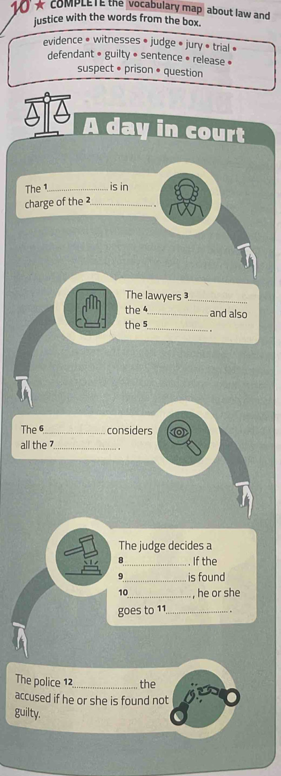 10 ★COMPLETE the vocabulary map about law and 
justice with the words from the box. 
evidence • witnesses • judge • jury • trial • 
defendant • guilty • sentence • release • 
suspect • prison • question 
A day in court 
The 1._ is in 
charge of the 2_ 
The lawyers ³_ 
the 4._ and also 
the 5_ 
The6_ considers 
all the _ 
The judge decides a 
8_ . If the 
9 _is found 
10_ , he or she 
goes to 11._ 
The police 12._ the 
accused if he or she is found not 
guilty.