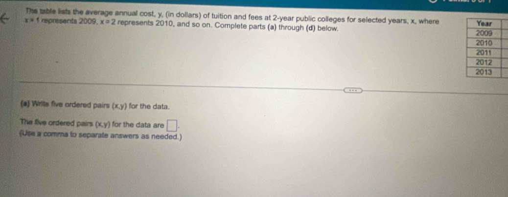 The table lists the average annual cost, y, (in dollars) of tuition and fees at 2-year public colleges for selected years, x, where
x=1 represents 2009, x=2 represents 2010 , and so on. Complete parts (a) through (d) below. 
(a Write five ordered pairs (x,y) for the data. 
The five ordered pairs (x,y) for the data are □ . 
(Use a comma to separate answers as needed.)