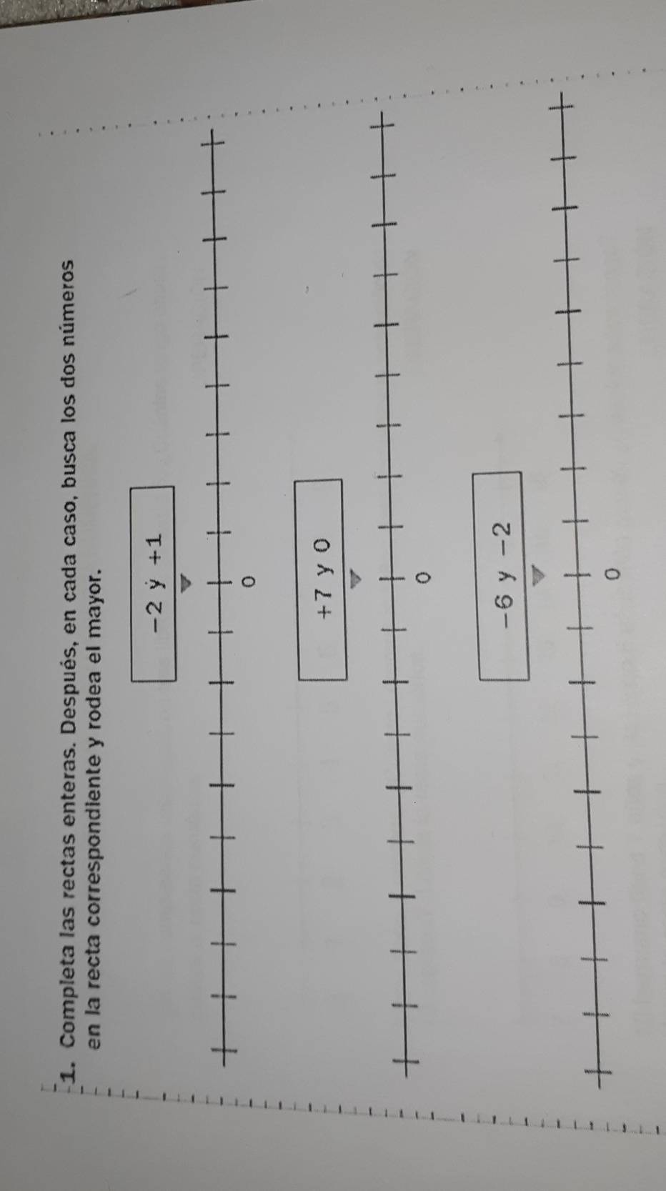 Completa las rectas enteras. Después, en cada caso, busca los dos números 
en la recta correspondiente y rodea el mayor.
-2dot y+1
-7 y0
-6y-2