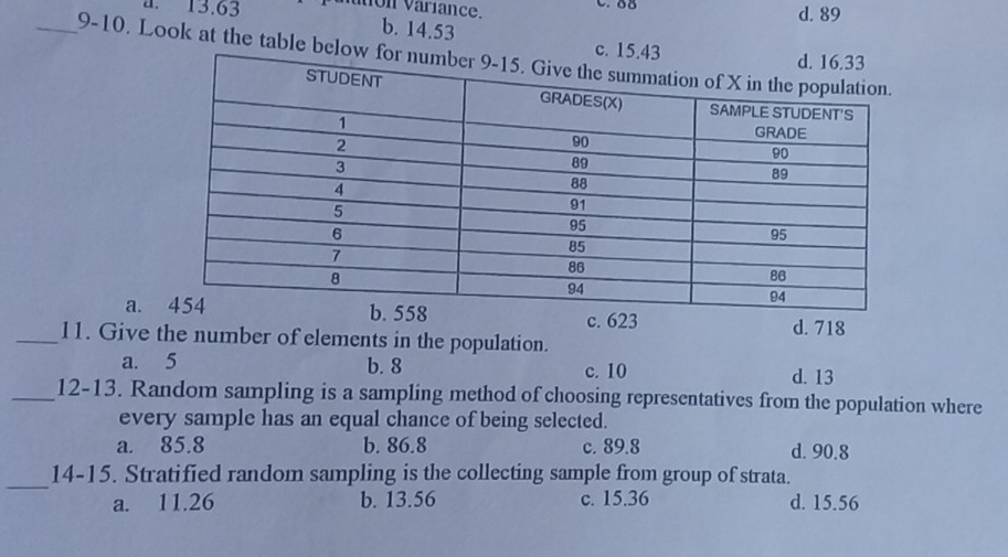 88
a. 13.63 utón varíance. d. 89
b. 14.53 c. 15.
_9-10. Look at the table below
a.
c. 623 d. 718
_11. Give the number of elements in the population.
a. 5 b. 8 c. 10 d. 13
_12-13. Random sampling is a sampling method of choosing representatives from the population where
every sample has an equal chance of being selected.
a. 85.8 b. 86.8 c. 89.8 d. 90.8
_
14-15. Stratified random sampling is the collecting sample from group of strata.
a. 11.26 b. 13.56 c. 15.36 d. 15.56