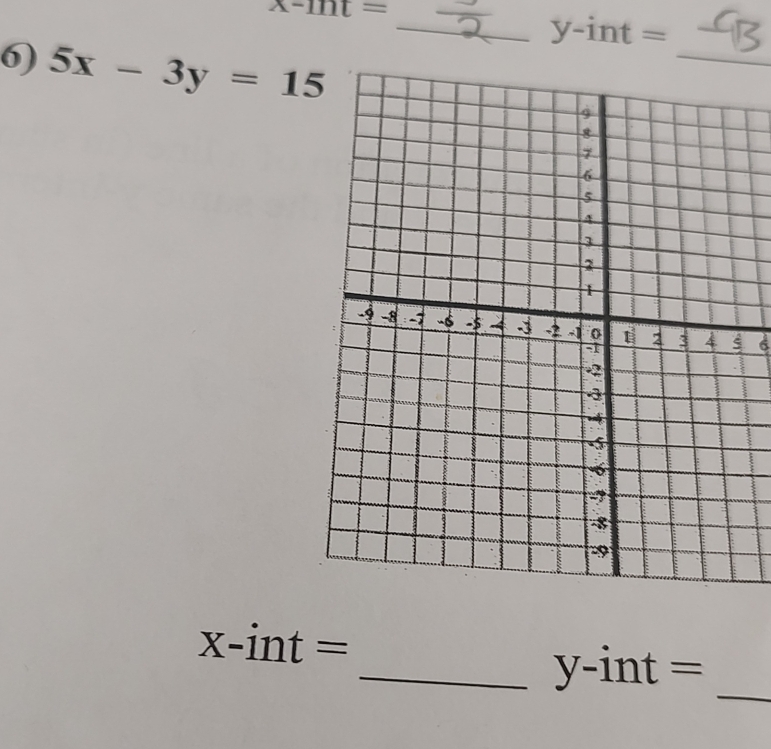 x-mt= _ y -int = 
6) 5x-3y=15 9_ 
6
x-int=
_y-int =_