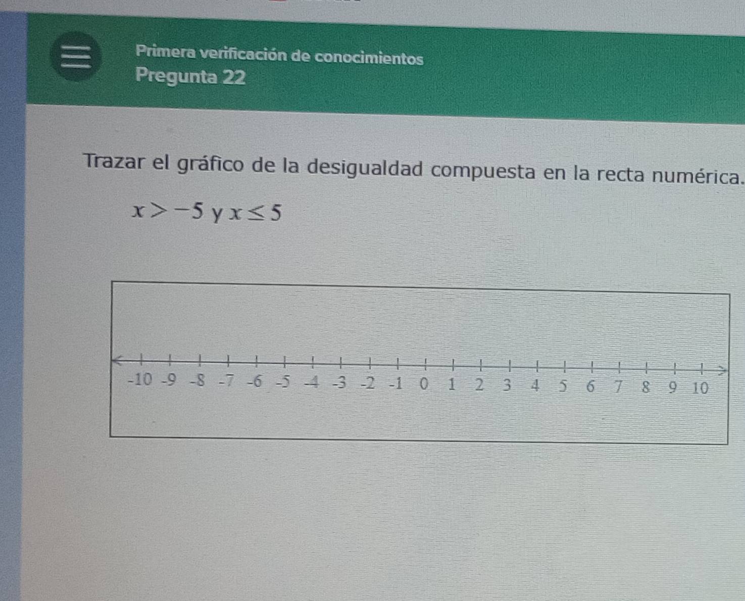 Primera verificación de conocimientos 
Pregunta 22 
Trazar el gráfico de la desigualdad compuesta en la recta numérica.
x>-5 Y x≤ 5