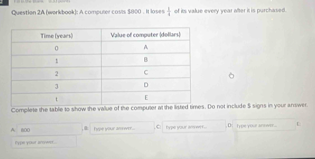 Filll in the Btank 0.33 posts
Question 2A (workbook): A computer costs $800. It loses  1/4  of its value every year after it is purchased.
Complete the table to show the value of the computer at theo not include $ signs in your answer.
A; 800 ,B: type your answer... , C: type your answer... D: type your answer... E:
fype your answer...