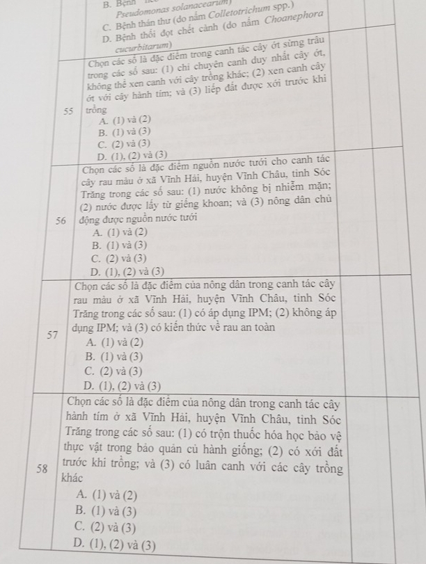 Bệnh 
Pseudomonas solanacearum 
C. Bệnh thân thư (do nắm Colletotrichum spp.) 
cảnh (do nắm Choanephora 
D. (1), (2) và (3)