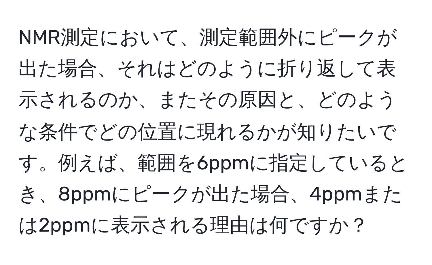 NMR測定において、測定範囲外にピークが出た場合、それはどのように折り返して表示されるのか、またその原因と、どのような条件でどの位置に現れるかが知りたいです。例えば、範囲を6ppmに指定しているとき、8ppmにピークが出た場合、4ppmまたは2ppmに表示される理由は何ですか？