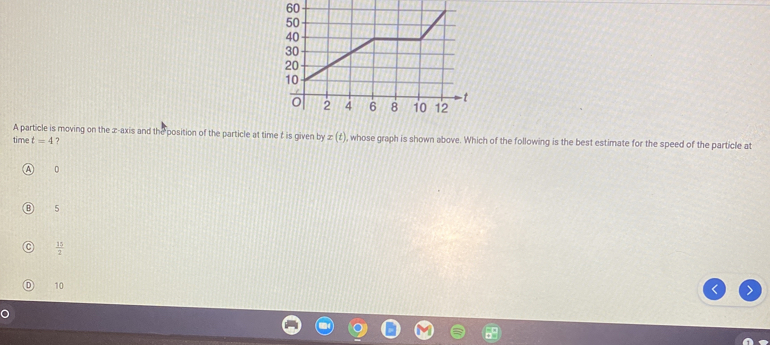 A particle is moving on the x-axis and the position of the particle at time t is given by x(t ), whose graph is shown above. Which of the following is the best estimate for the speed of the particle at
time t=4
0
5
 15/2 
D 10