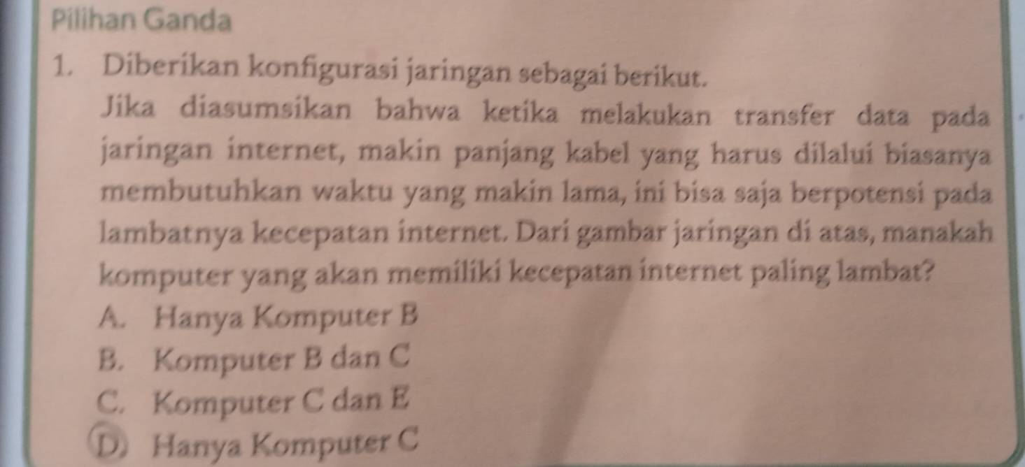 Pilihan Ganda
1. Diberikan konfigurasi jaringan sebagai berikut.
Jika diasumsikan bahwa ketika melakukan transfer data pada
jaringan internet, makin panjang kabel yang harus dilalui biasanya
membutuhkan waktu yang makin lama, ini bisa saja berpotensi pada
lambatnya kecepatan internet. Dari gambar jaringan di atas, manakah
komputer yang akan memiliki kecepatan internet paling lambat?
A. Hanya Komputer B
B. Komputer B dan C
C. Komputer C dan E
D Hanya Komputer C