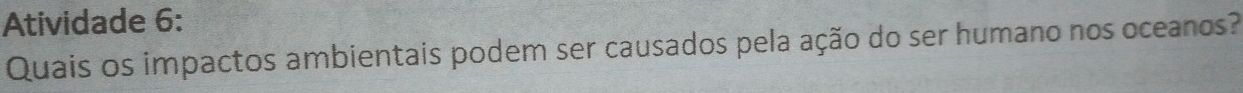 Atividade 6: 
Quais os impactos ambientais podem ser causados pela ação do ser humano nos oceanos?