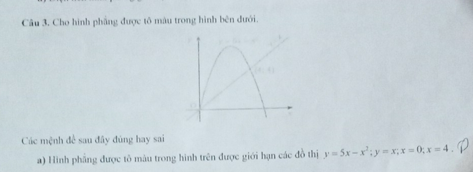 Cho hình phẳng được tô màu trong hình bên dưới.
Các mệnh đề sau đây đúng hay sai
a) Hình phẳng được tô màu trong hình trên được giới hạn các đồ thị y=5x-x^2;y=x;x=0;x=4