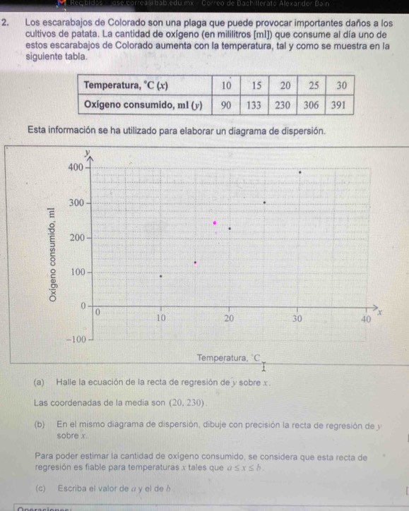 Rec bidos ose correas bab.edu.mx - Correo de Bachillerato Alexandor Bain 
2. Los escarabajos de Colorado son una plaga que puede provocar importantes daños a los 
cultivos de patata. La cantidad de oxígeno (en mililitros [m1]) que consume al día uno de 
estos escarabajos de Colorado aumenta con la temperatura, tal y como se muestra en la 
siguiente tabla. 
Esta información se ha utilizado para elaborar un diagrama de dispersión.
400
300
ξ 200
100
() . 0
10 20 30 40 x
-100
Temperatura, ' C
(a) Halle la ecuación de la recta de regresión de y sobre x. 
Las coordenadas de la media son (20,230). 
(b) En el mismo diagrama de dispersión, dibuje con precisión la recta de regresión de y
sobre x. 
Para poder estimar la cantidad de oxigeno consumido, se considera que esta recta de 
regresión es fiable para temperaturas x tales que a≤ x≤ b. 
(c) Escriba el valor de ω y el deh