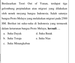 Berdasarkan Teori Out of Yunan, terdapat tiga
gelombang perpindahan atau migrasi yang dilakukan
oleh nenek moyang bangsa Indonesia. Salah satunya
bangsa Proto Melayu yang melakukan migrasi pada 2500
SM. Berikut ini suku-suku di Indonesia yang termasuk
dalam keturunan bangsa Proto Melayu, kecuali.
a. Suku Dayak d. Suku Batak
b. Suku Toraja e. Suku Nias
c. Suku Minangkabau