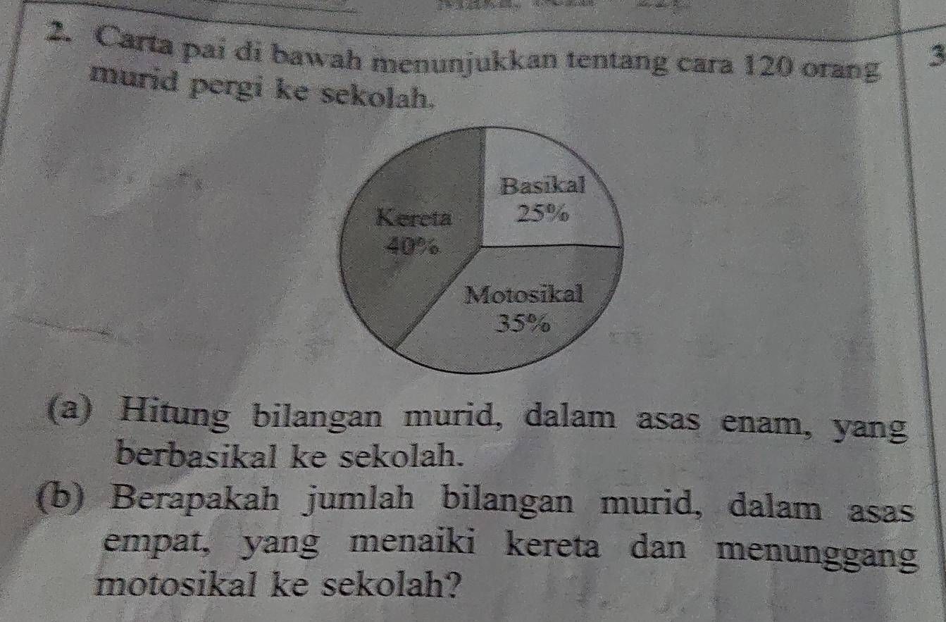 Carta pai di bawah menunjukkan tentang cara 120 orang 3
murid pergi ke sekolah. 
(a) Hitung bilangan murid, dalam asas enam, yang 
berbasikal ke sekolah. 
(b) Berapakah jumlah bilangan murid, dalam asas 
empat, yang menaiki kereta dan menunggang 
motosikal ke sekolah?