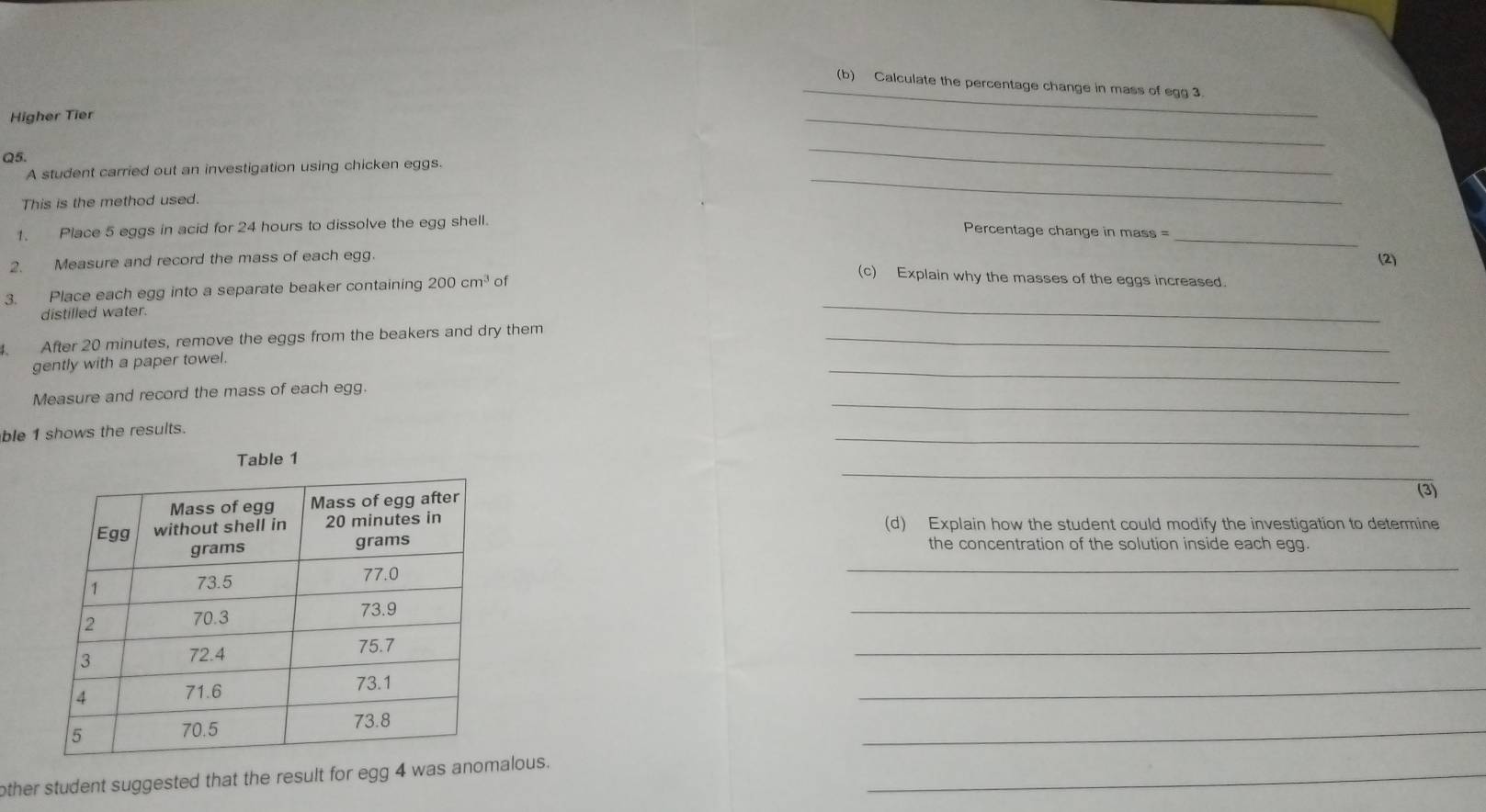 Calculate the percentage change in mass of egg 3. 
Higher Tier 
_ 
_ 
Q5. 
A student carried out an investigation using chicken eggs. 
_ 
This is the method used. 
_ 
_ 
1. Place 5 eggs in acid for 24 hours to dissolve the egg shell. 
Percentage change in mass = 
2. Measure and record the mass of each egg. 
(2) 
3. Place each egg into a separate beaker containing 200cm^3 of 
(c) Explain why the masses of the eggs increased. 
distilled water. 
_ 
After 20 minutes, remove the eggs from the beakers and dry them_ 
_ 
gently with a paper towel. 
_ 
Measure and record the mass of each egg. 
ble 1 shows the results. 
_ 
_ 
Table 1 
(3) 
(d) Explain how the student could modify the investigation to determine 
the concentration of the solution inside each egg. 
_ 
_ 
_ 
_ 
_ 
other student suggested that the result for egg 4 was anoalous._