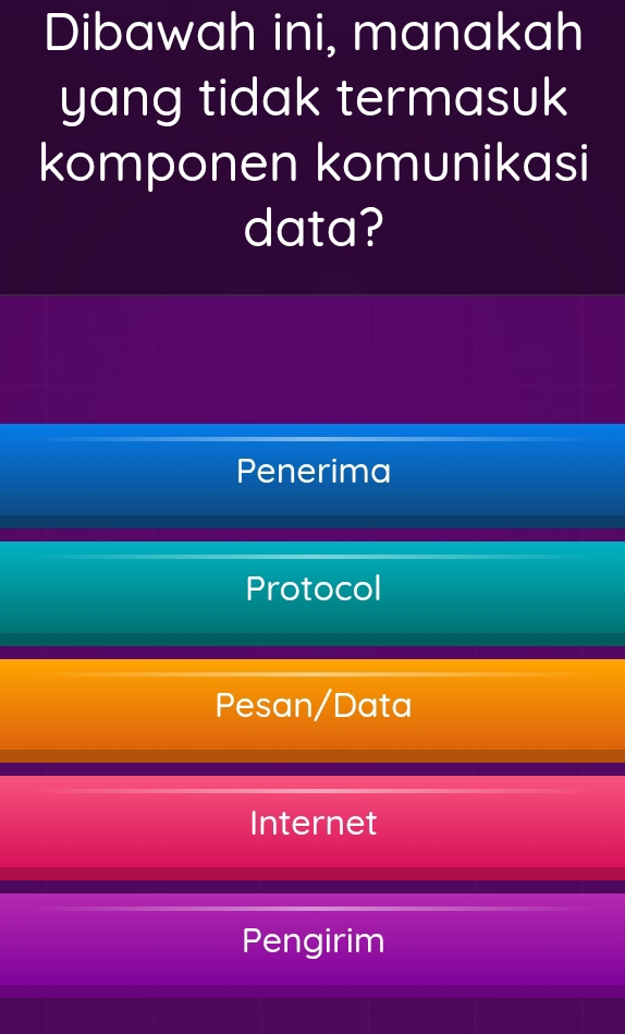 Dibawah ini, manakah
yang tidak termasuk
komponen komunikasi
data?
Penerima
Protocol
Pesan/Data
Internet
Pengirim