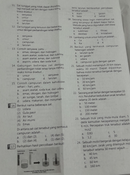 Zat tunggal yang tidak dapat diuraikan  Jenis larutan berdasarkan percobaan
agi menjadi zat lain dengan reaksi kimis
biasa disebut a asam tersebut adalah
a. senyawa b. basa c garam d. netral
b. unsur c. campuran
18. Seorang siswa ingin memisahkan zat
d. larutan
yang tercampur di dalam kapur barus.
12. Zat tunggal yang tersusun dari beberap tersebut adalah Metode yang harus digunakan oleh siswa
unsur dengan perbandingan tetap disebut à. sublimasi c filtrasi
b. destilasi d. kristalsas
b. unsur a. senyawa 19. Lambang untuk unsur kalsium adalah
a Ca
d. larutan c. campuran b. Ka C. C D. K
13. Contoh senyawa, yaitu  20. Berikut yang termasuk campuran
a emas, oksigen, dan hidrogen heterogen adaiah a. larutan guia
b. asam asetat, soda kue, dan sukrosa
c. asam asetat, emas, dan sukrosa b. air garam C. udara
d. aspirín, udara, dan soda kue d. campuran guia dengan garam
14. Gabungan beberapa zat denga 21. Sebuah mobil menempuh 20 km dalam
perbandingan tidak tetap tanpa mela waktu 30 menit. Dapat dipastikan
reaksi kimia disebut
a. unsur c. senyawa bahwa mobil tersebut bergerak dengan
b campuran d larutan kecepatan a. 10 km/jam
15. Contoh campuran dalam kehidupan b. 20 km/jam
sehari - hari, yaitu ... c. 40 km/jam
a. asam asetat, soda kue, dan udara d. 60 km/jam
b. emas, oksigen, dan hidrogen
c. air sungai, tanah, dan timbal 22. Seorang anak berlari dengan kecepatan 10
d. udara, makanan, dan minuman m/s. Perubahan kedudukan anak tersebut
selama 20 detik adaïah _
= 16.] Berikut nama beberapa zat a. 50 meter b. 100 meter
(1) Udara
(2) Gula pasir c. 150 meter
(3) Air laut d. 200 meter
(5) Emas 23. Sebuah truk yang mula-mula diam, 5
(4) Air murni
detik kemudian kecepatannya menjadi
Di antara zat-zat tersebut yang termasuk 6 m/s. Percepatan truk tersebut adalah
_.... m/s2
campuran adalah c. 5
a. (1) dan (3) c. (4) dan (5) b. 1,2 d. 30
b. (2) dan (4) _d. (1) dan (2) a. 0,83
17an hasil percobaan berikut! 24. Sebuah mobil bergerak dengan kelaju
80 km/jam. Jarak yang ditempuh mo
tersebut selama 30 menit sejauh ....
a. 40 km
b. 45 km
c. 60 km
d. 160 km