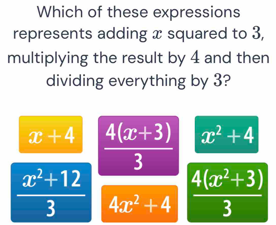 Which of these expressions
represents adding x squared to 3,
multiplying the result by 4 and then
dividing everything by 3?
x+4  (4(x+3))/3  x^2+4
 (x^2+12)/3  4x^2+4  (4(x^2+3))/3 