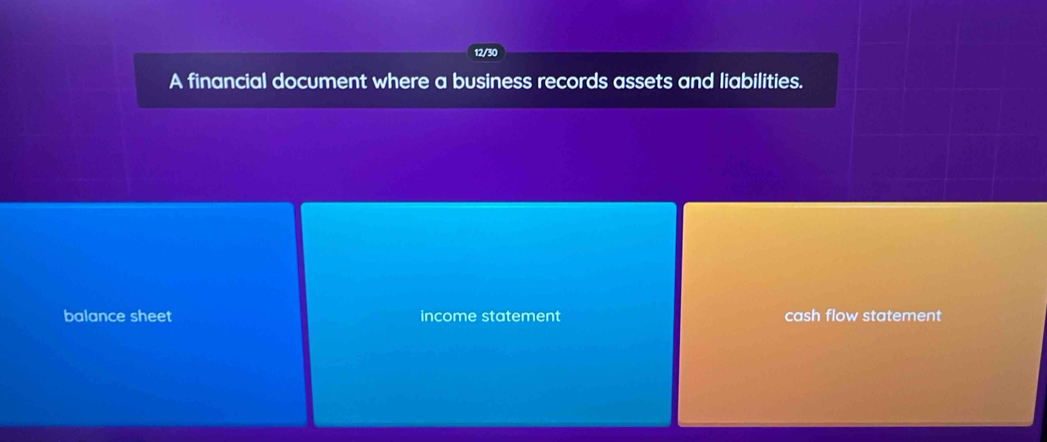 A financial document where a business records assets and liabilities. 
balance sheet income statement cash flow statement