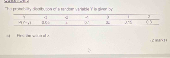 The probability distribution of a random variable Y is given by
a) Find the value of z.
(2 marks)