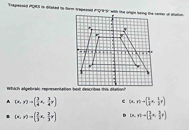 Trapezoid PQRS is dilated to form trapezoid P'Q'R'S'
A (x,y)to ( 3/4 x, 3/4 y)
C (x,y)to ( 1/2 x, 1/2 y)
B (x,y)to ( 2/3 x, 2/3 y)
D (x,y)to ( 3/2 x, 3/2 y)