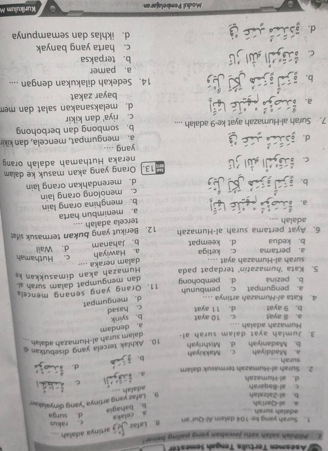 Asesmen Tertulis Tengah Semester
a Pilihlah salah satu jawaban yang paling benar!
artinya adalah ....
1. Surah yang ke-104 dalam Al-Qur'an 8. Lafaz
c. rakus
a. celaka
adalah surah .... d. surga
a. al-Qari'ah
b. bahagia
b. al-Zalzalah
9. Lafaz yang artinya 'yang dinyalakan'
c. al-Baqarah
adalah
C.
d. al-Humazah
a.
2. Surah al-Humazah termasuk dalam
d.
surah ....
b.
a. Maddiyah c. Makkiyah
b. Madaniyah d. Mishriyah
10. Akhlak tercela yang disebutkan di
3. Jumlah ayat dalam surah al-
dalam surah al-Humazah adalah ....
Humazah adalah ….
a. dendam
a. 8 ayat c. 10 ayat b. syirik
b. 9 ayat d. 11 ayat c. hasad
4. Kata al-Humazah artinya ....
d. mengumpat
a. pengumpat c. pembunuh
11. Orang yang senang mencela
b. pezina d. pembohong
dan mengumpat dalam surah al-
5. Kata 'humazatin' terdapat pada
Humazah akan dimasukkan ke
dalam neraka
surah al-Humazah ayat .... c. Huthamah
a. pertama c. ketiga
a. Hawiyah
b. kedua d. keempat b. Jahanam d. Wail
6. Ayat pertama surah al-Humazah 12. Berikut yang bukan termasuk sifat
adalah ....
tercela adalah ....
a. menimbun harta
a.
b. menghina orang lain
c. menolong orang lain
bì
d. merendahkan orang lain
C. 13. Orang yang akan masuk ke dalam
neraka Huthamah adalah orang
yang ....
d.
a. mengumpat, mencela, dan kikir
7. Surah al-Humazah ayat ke-9 adalah .... b. sombong dan berbohong
c. riya' dan kikir
a. d. melaksanakan salat dan mem
bayar zakat
b.
14. Sedekah dilakukan dengan ....
a. pamer
b. terpaksa
C.B.
e
c. harta yang banyak
d. ikhlas dan semampunya
d.                         
Modul Pembelajaran Kurikulum M