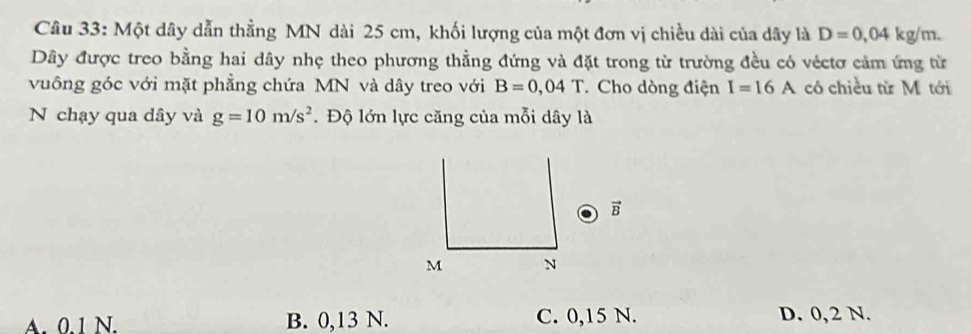 Một dây dẫn thẳng MN dài 25 cm, khối lượng của một đơn vị chiều dài của dây là D=0,04kg/m. 
Dây được treo bằng hai dây nhẹ theo phương thằng đứng và đặt trong từ trường đều có véctơ cảm ứng từ
vuông góc với mặt phẳng chứa MN và dây treo với B=0,04T Cho dòng điện I=16A có chiều từ M tới
N chạy qua dây và g=10m/s^2. Độ lớn lực căng của mỗi dây là
vector B
M N
A. 0.1 N. B. 0,13 N. C. 0,15 N. D. 0, 2 N.