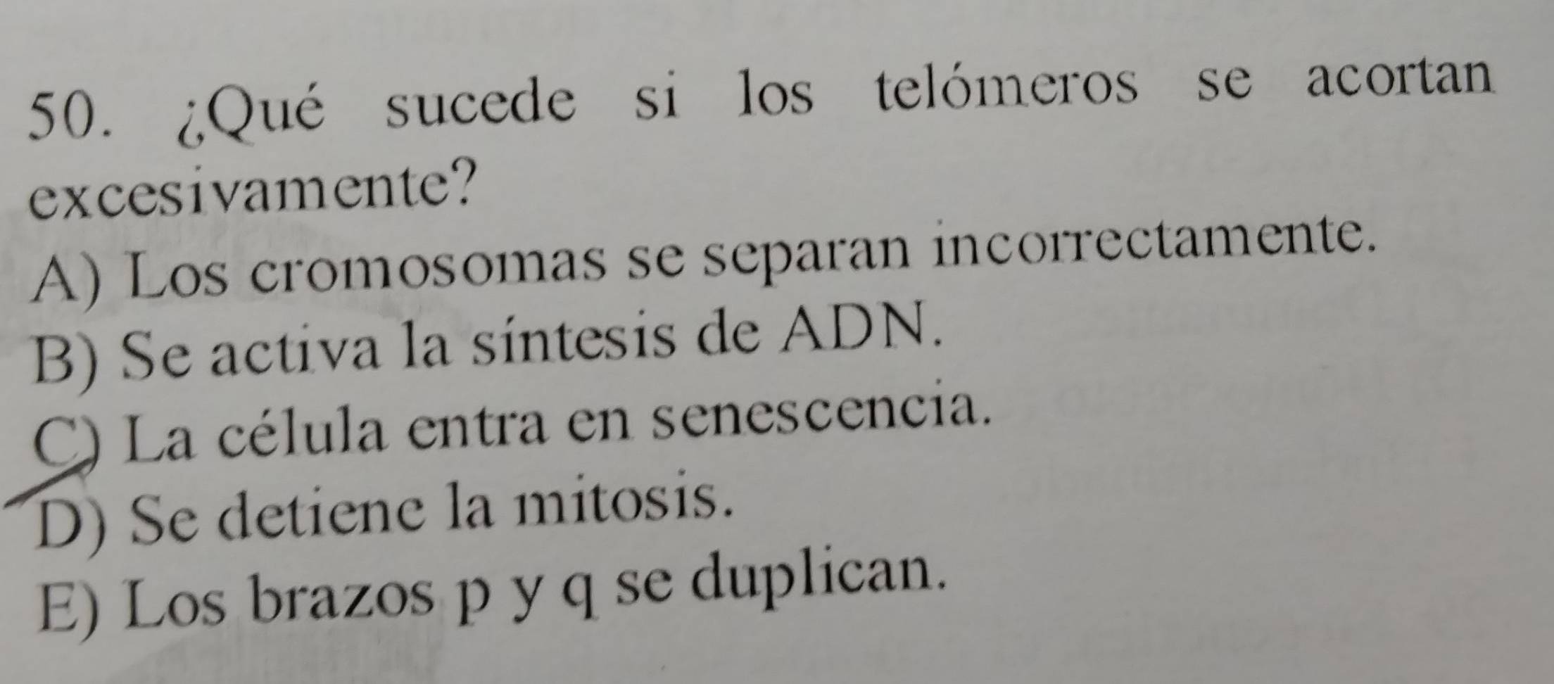 ¿Qué sucede si los telómeros se acortan
excesivamente?
A) Los cromosomas se separan incorrectamente.
B) Se activa la síntesis de ADN.
C) La célula entra en senescencia.
D) Se detiene la mitosis.
E) Los brazos p y q se duplican.