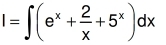 I=∈t (e^x+ 2/x +5^x)dx