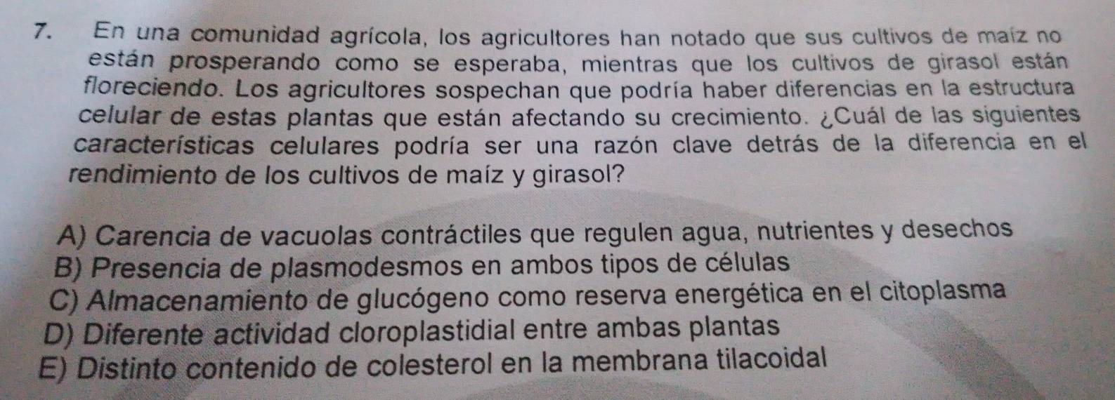 En una comunidad agrícola, los agricultores han notado que sus cultivos de maíz no
están prosperando como se esperaba, mientras que los cultivos de girasol están
floreciendo. Los agricultores sospechan que podría haber diferencias en la estructura
celular de estas plantas que están afectando su crecimiento. ¿Cuál de las siguientes
características celulares podría ser una razón clave detrás de la diferencia en el
rendimiento de los cultivos de maíz y girasol?
A) Carencia de vacuolas contráctiles que regulen agua, nutrientes y desechos
B) Presencia de plasmodesmos en ambos tipos de células
C) Almacenamiento de glucógeno como reserva energética en el citoplasma
D) Diferente actividad cloroplastidial entre ambas plantas
E) Distinto contenido de colesterol en la membrana tilacoidal