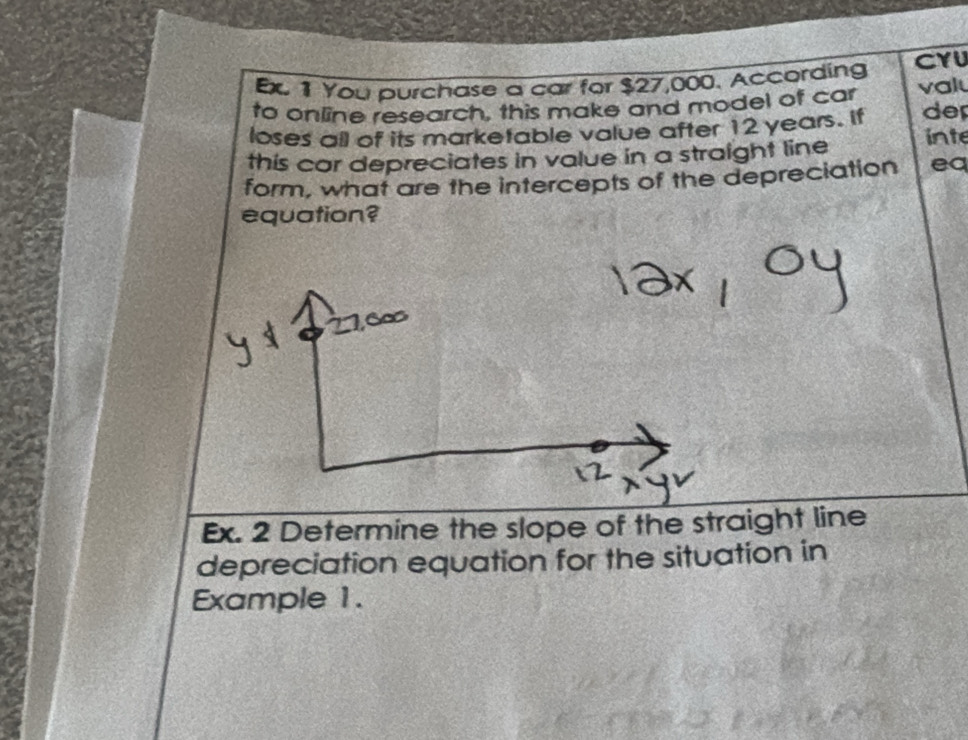 Ex. 1 You purchase a car for $27,000. According CYU 
to online research, this make and model of car valu 
loses all of its marketable value after 12 years. If de 
this cor depreciates in value in a straight line inte 
form, what are the intercepts of the depreciation ea 
equation? 
Ex. 2 Determine the slope of the straight line 
depreciation equation for the situation in 
Example 1.