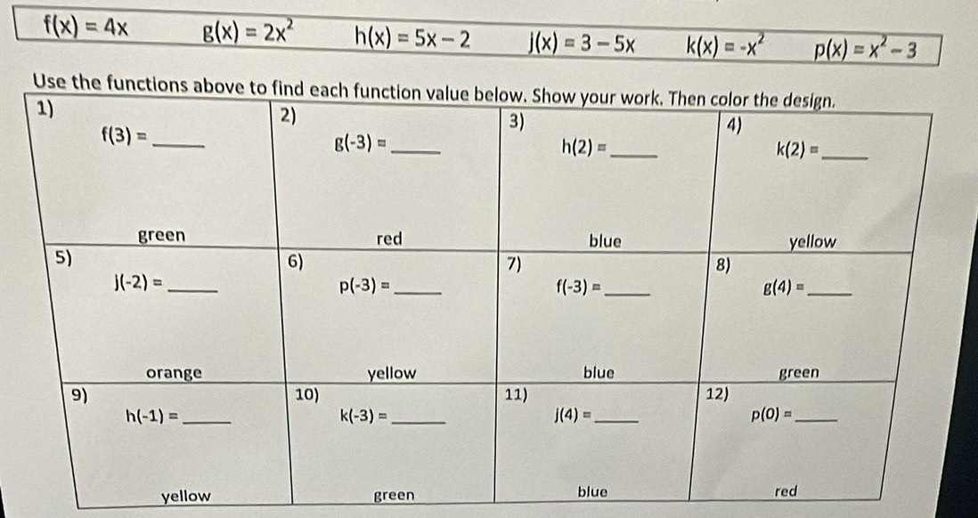 f(x)=4x g(x)=2x^2 h(x)=5x-2 j(x)=3-5x k(x)=-x^2 p(x)=x^2-3
yellow green
