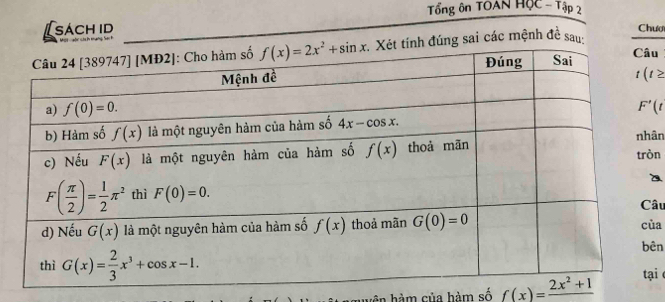 Tổng ôn TOAN HỌC - Tập 2
[sách id
Chươ
úng sai các mệnh đề sau:
u
(t≥
ân
n
âu
ùa
ên
ại 
huện hàm của hàm số f(x)=frac 2x^2+1